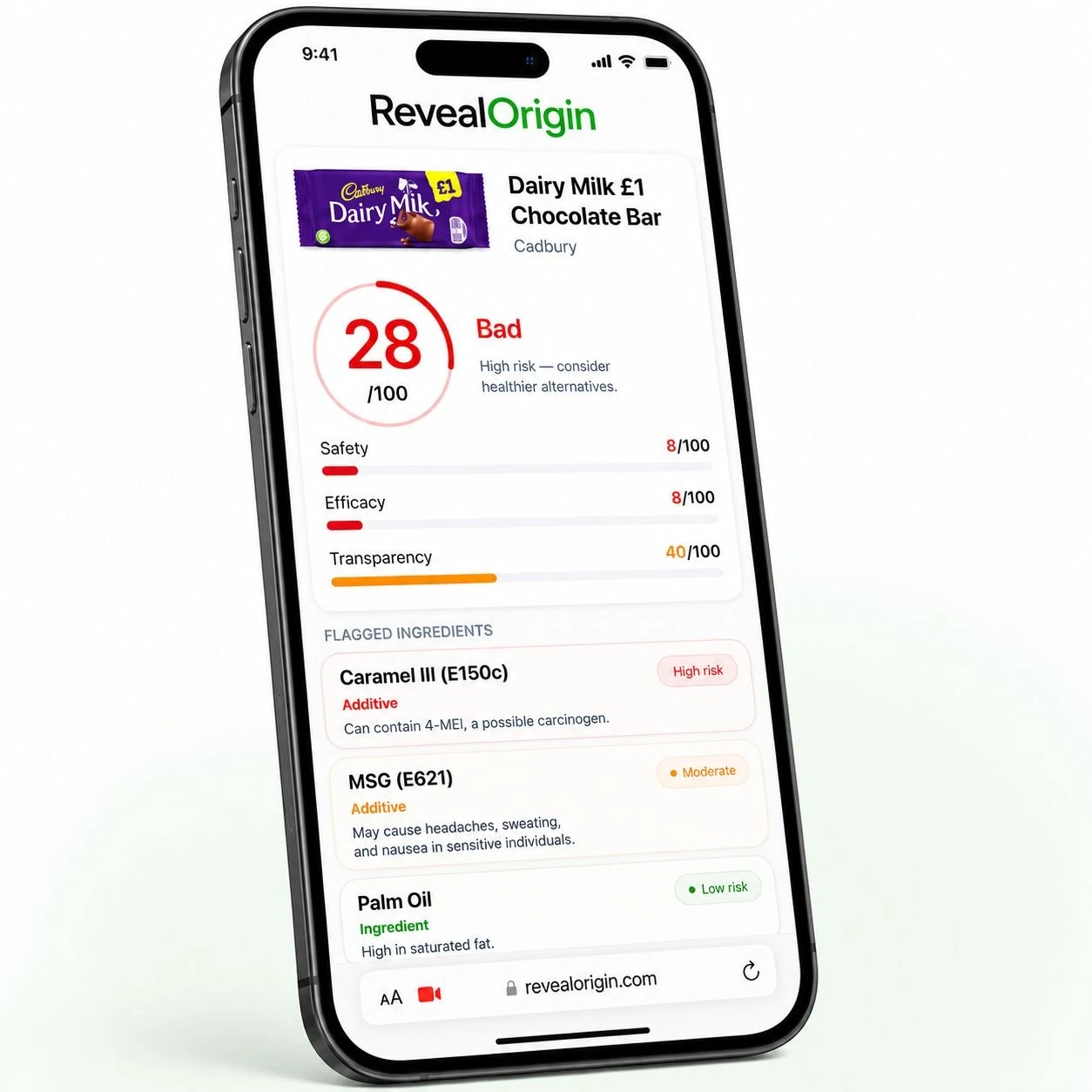 Reveal Origin scanning a Cadbury Dairy Milk bar and showing a 28/100 health score